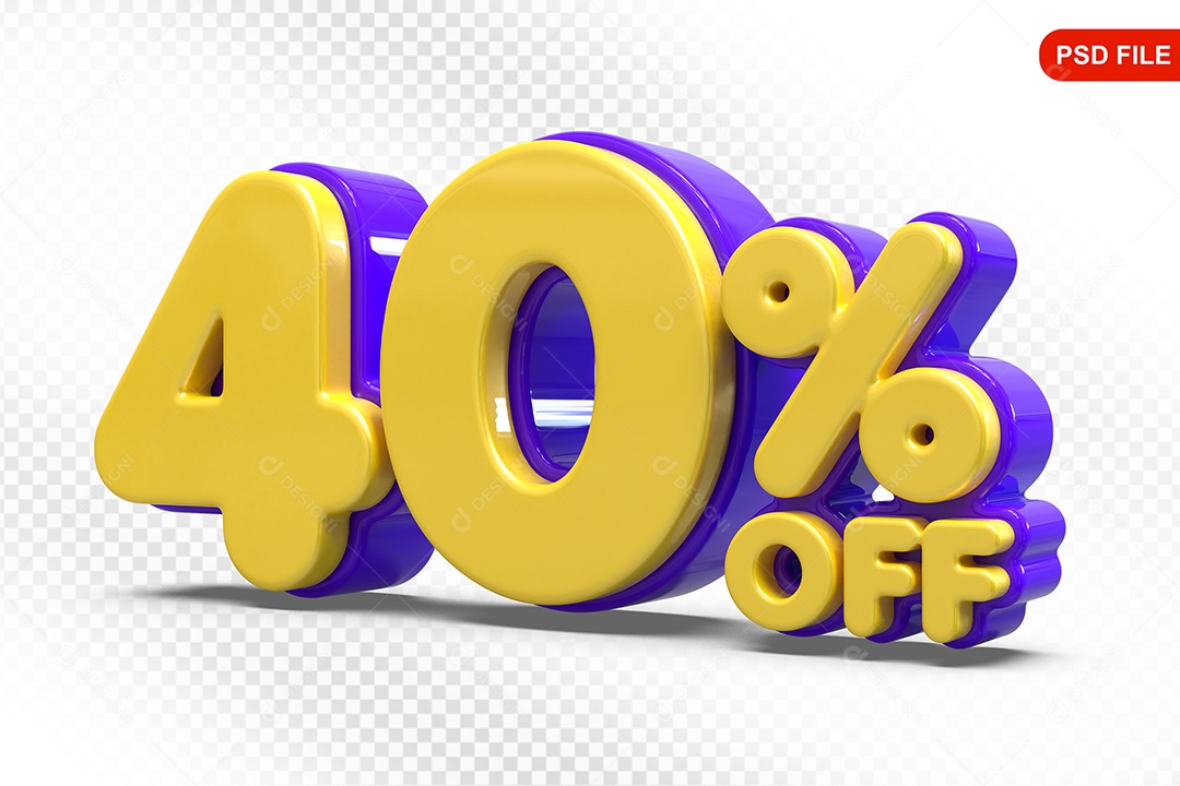Elemento 3D Número 40% Amarelo com Roxo Para Composição PSD