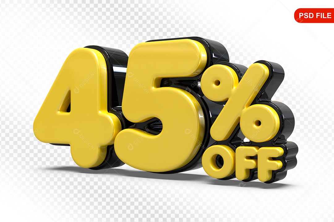 Elemento 3D Número 45% Amarelo com Preto Para Composição PSD