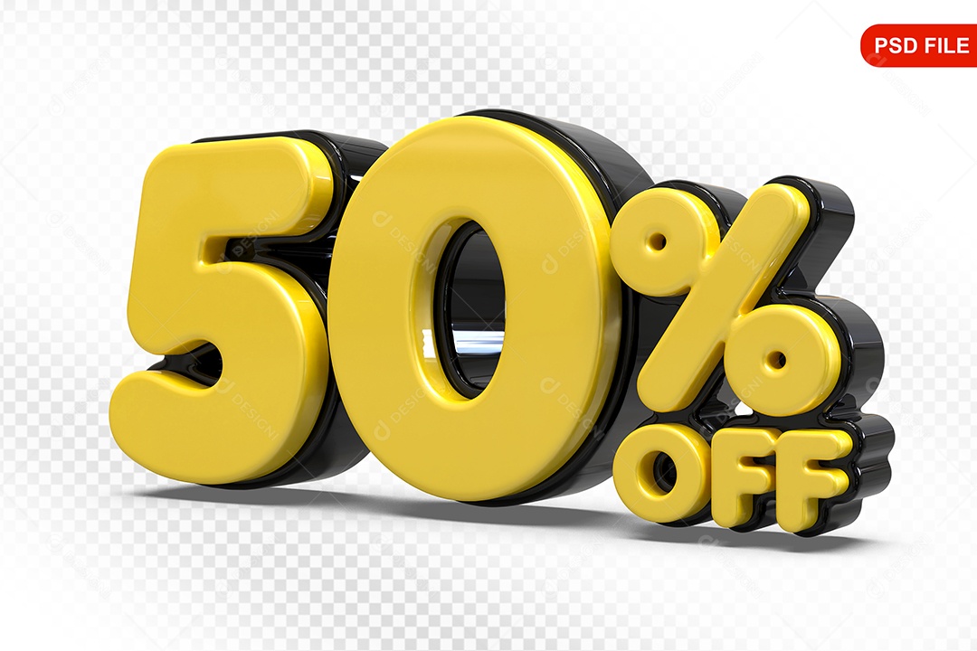 Elemento 3D Número 50% Amarelo com Preto Para Composição PSD