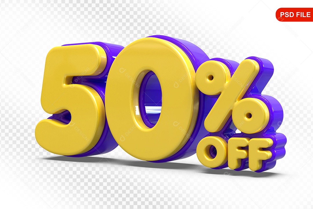 Elemento 3D Número 50% Amarelo com Roxo Para Composição PSD