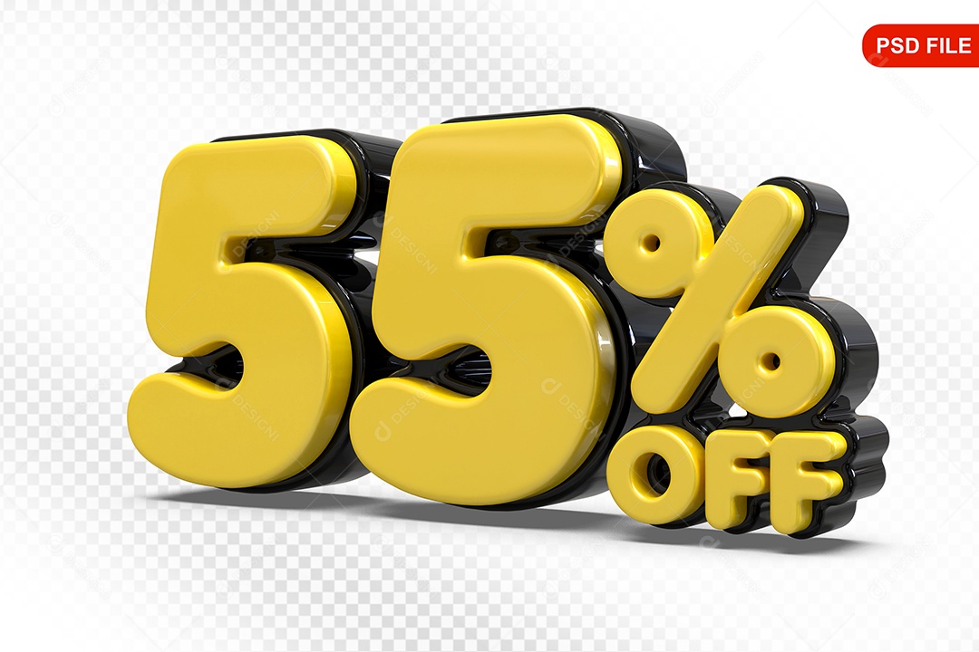 Elemento 3D Número 55% Amarelo com Preto Para Composição PSD