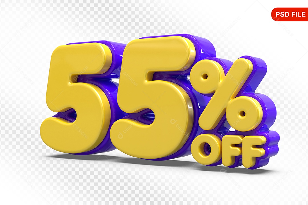 Elemento 3D Número 55% Amarelo com Roxo Para Composição PSD