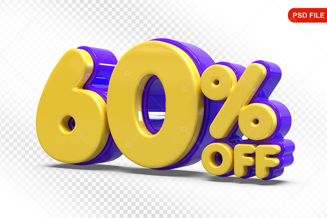Elemento 3D Número 60% Amarelo com Roxo Para Composição PSD