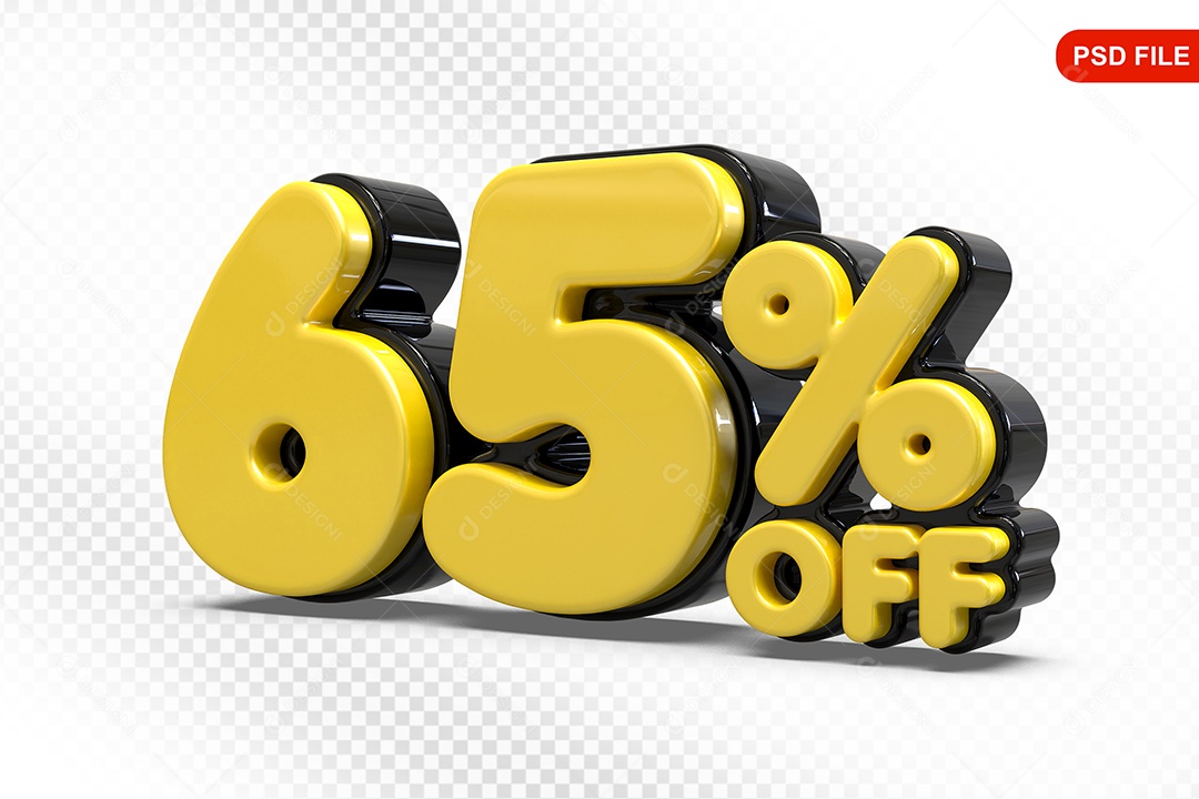 Elemento 3D Número 65% Amarelo com Preto Para Composição PSD