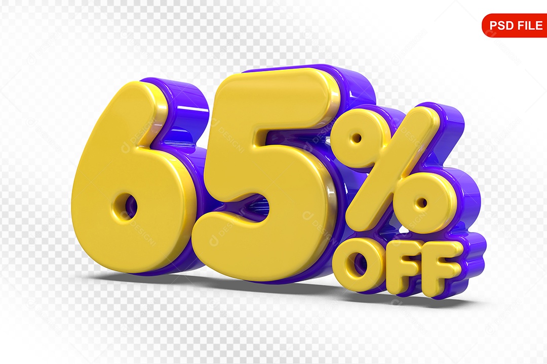 Elemento 3D Número 65% Amarelo com Roxo Para Composição PSD