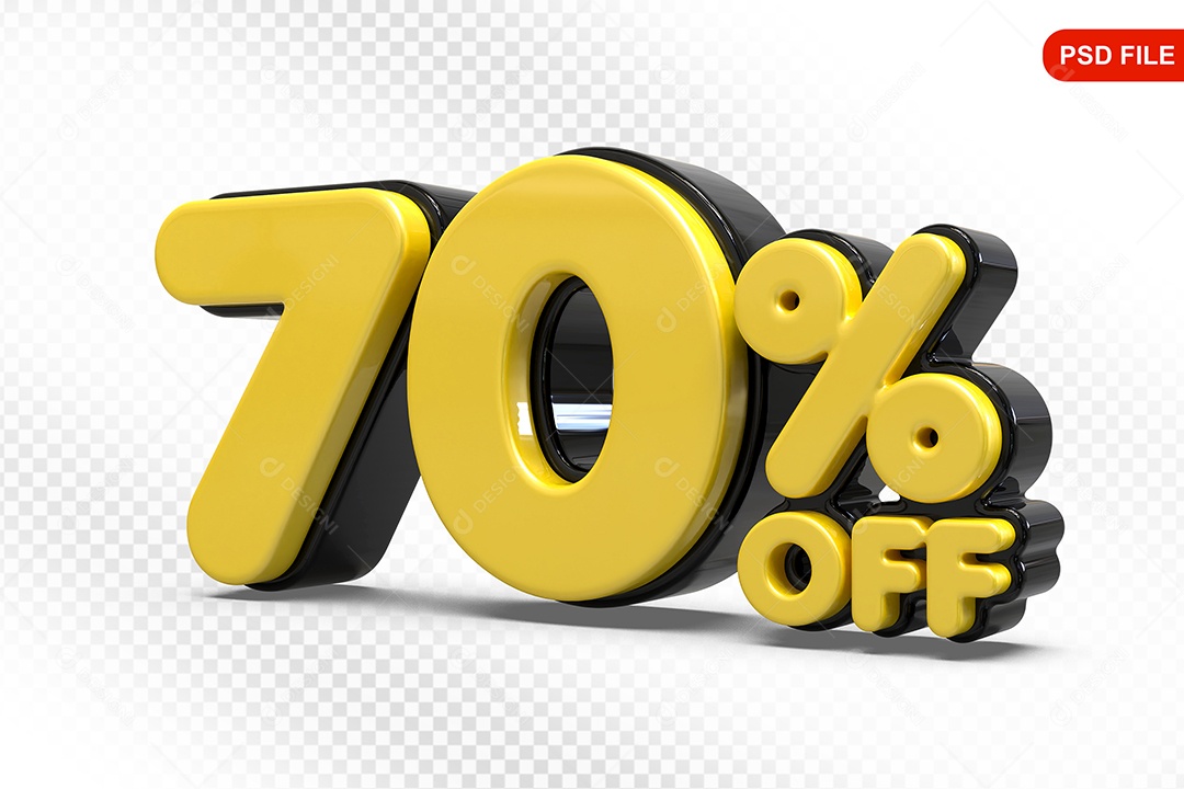 Elemento 3D Número 70% Amarelo com Preto Para Composição PSD