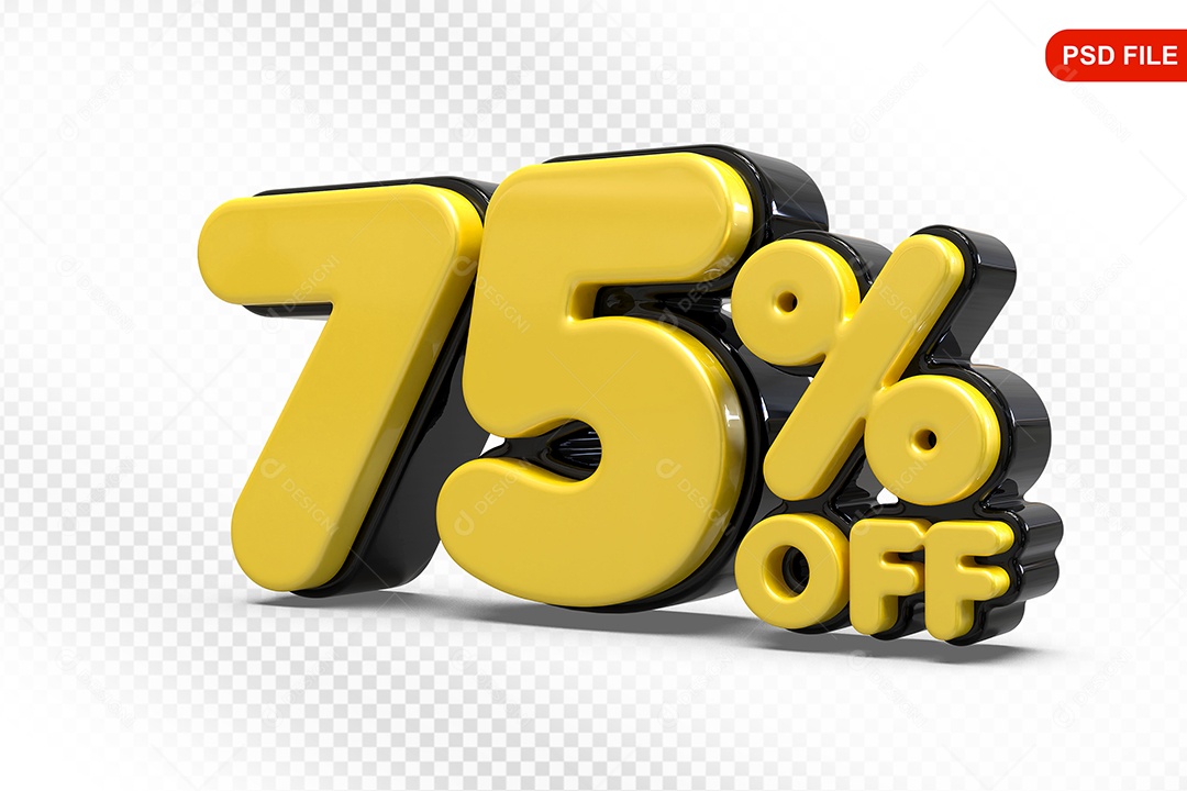 Elemento 3D Número 75% Amarelo com Preto Para Composição PSD