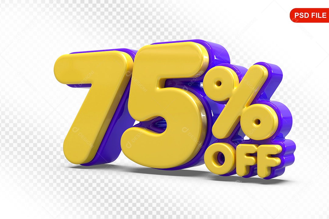 Elemento 3D Número 75% Amarelo com Roxo Para Composição PSD