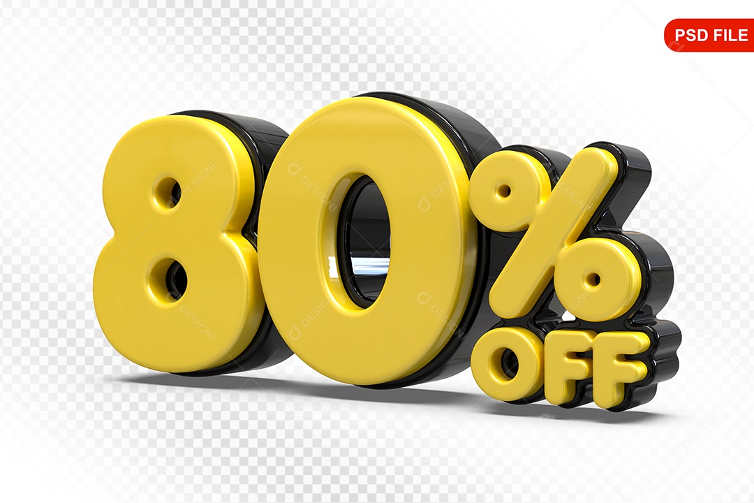 Elemento 3D Número 80% Amarelo com Preto Para Composição PSD
