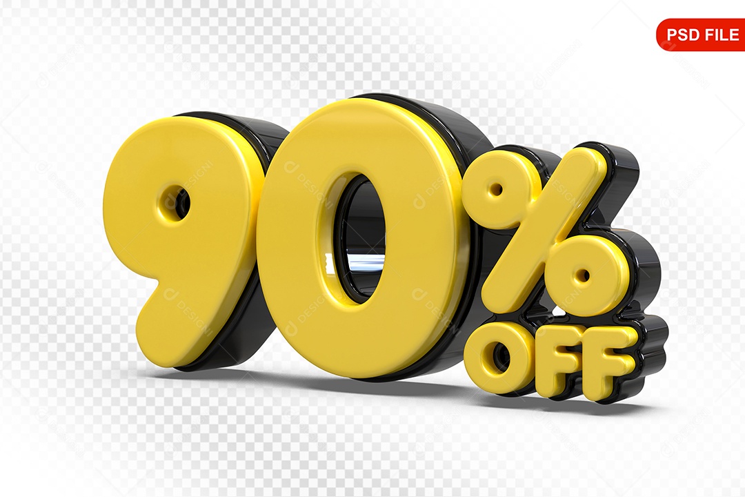 Elemento 3D Número 90% Amarelo com Preto Para Composição PSD
