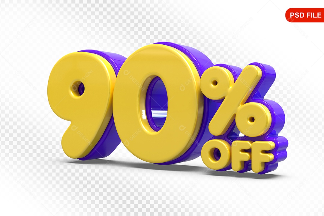 Elemento 3D Número 90% Amarelo com Roxo Para Composição PSD