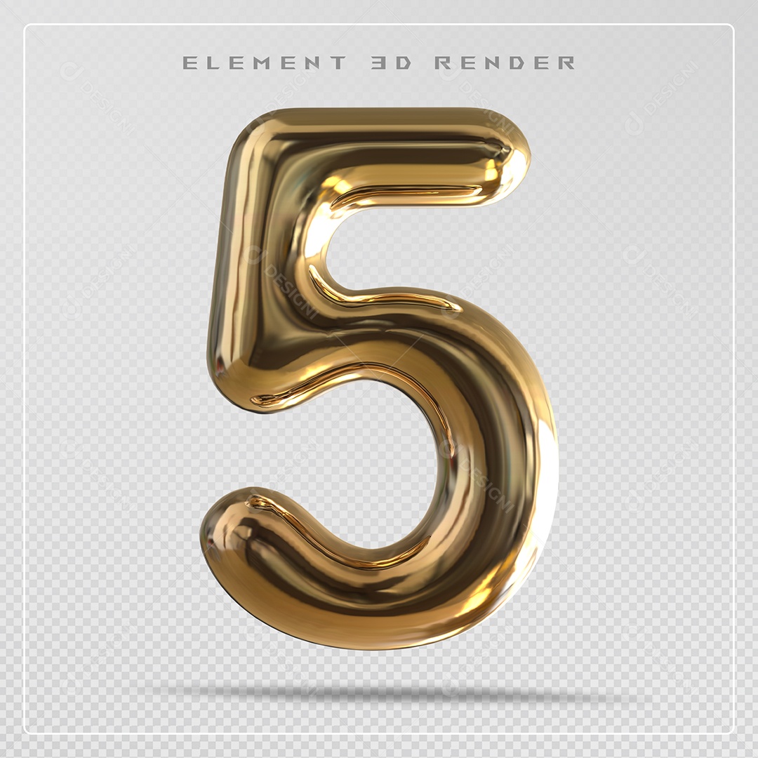 Elemento 3D Número 5 Dourado  para Composição PSD