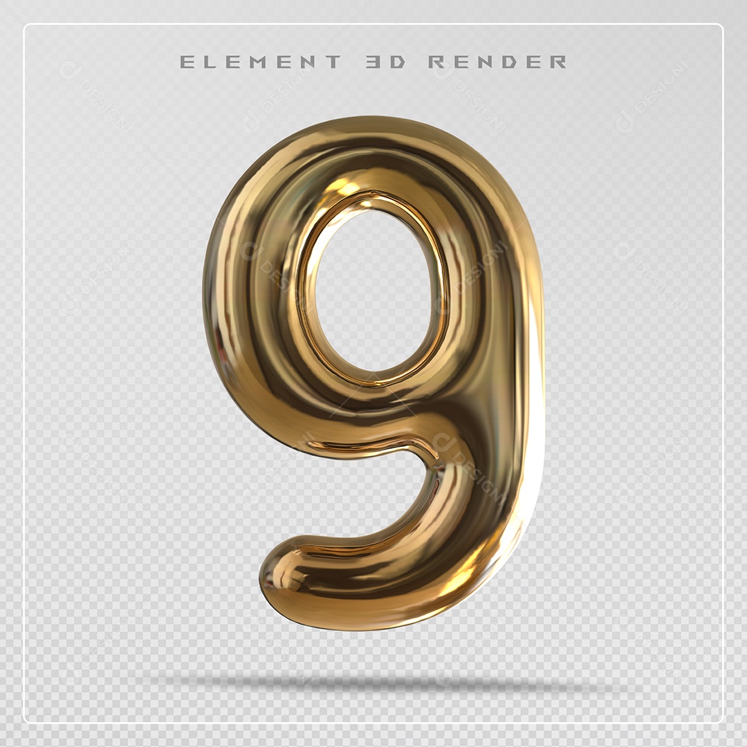 Elemento 3D Número 9 Dourado  para Composição PSD