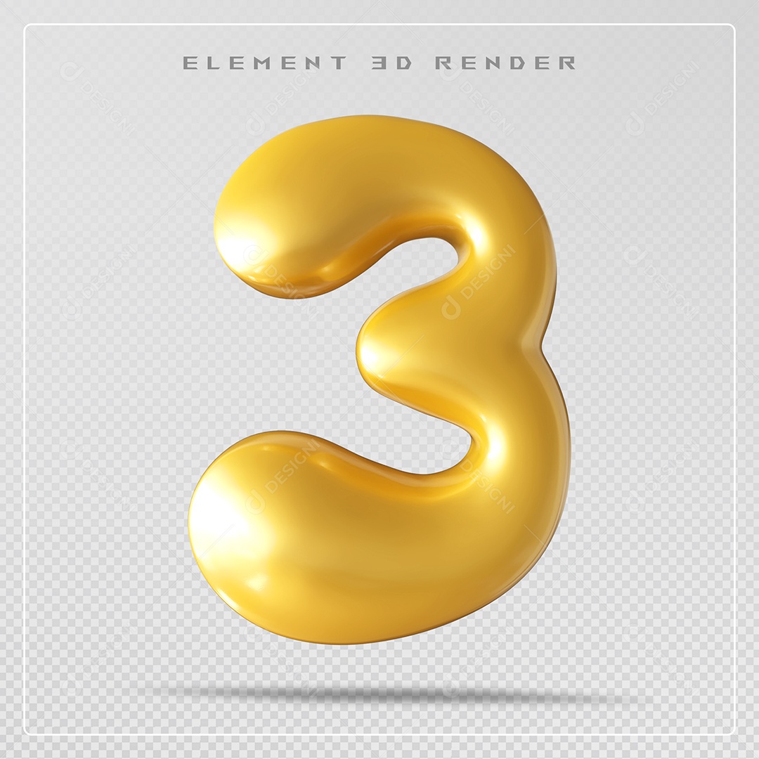 Elemento 3D Número 3 Dourado  para Composição PSD