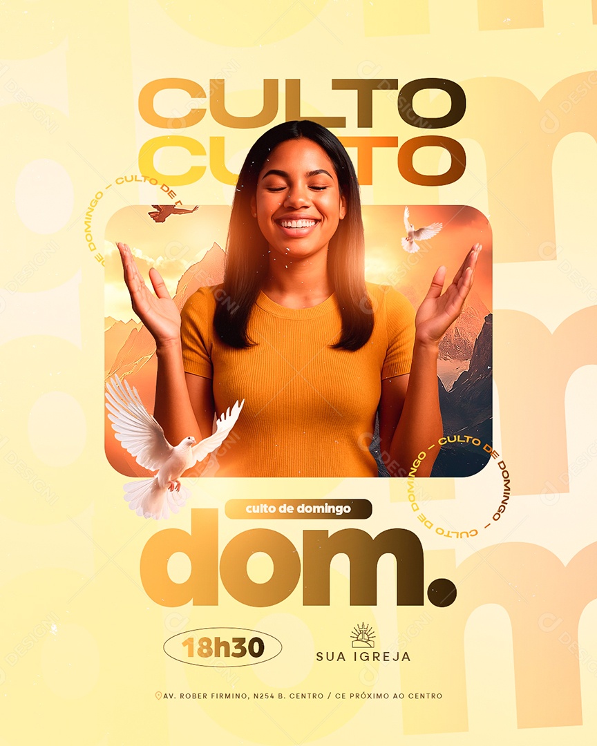 Flyer Gospel Culto de Domingo Social Media PSD Editável