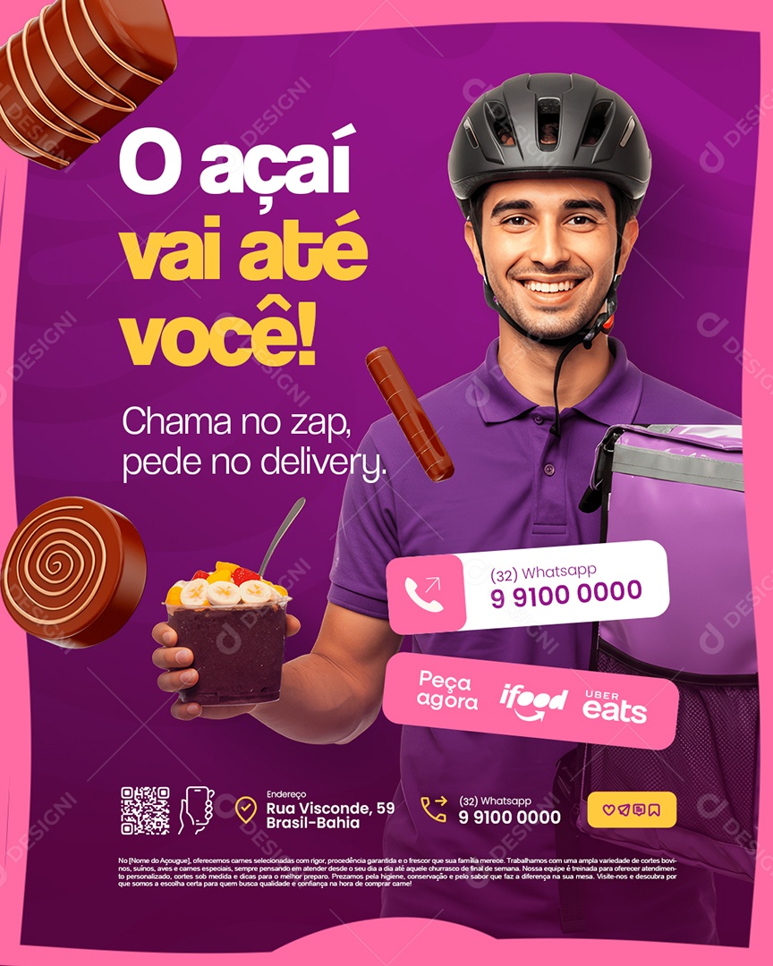 Açaiteria O Açaí Vai Até Você Social Media PSD Editável