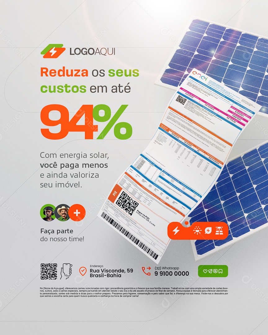 Energia Solar Reduza Os Seus Custos em Até 94% Social Media PSD Editável