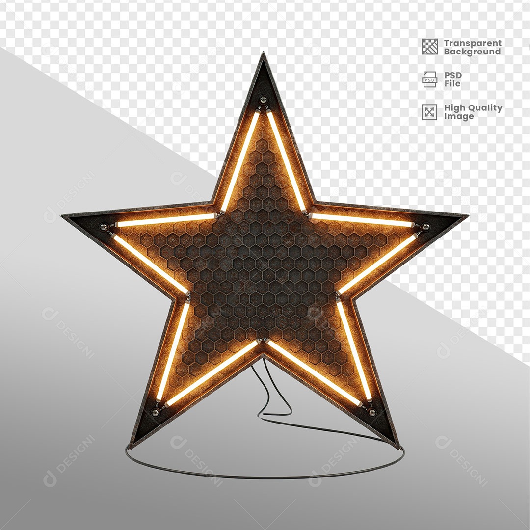 Placa de Metal Em Formato de Estrela Com Led Elemento 3D Para Composição PSD