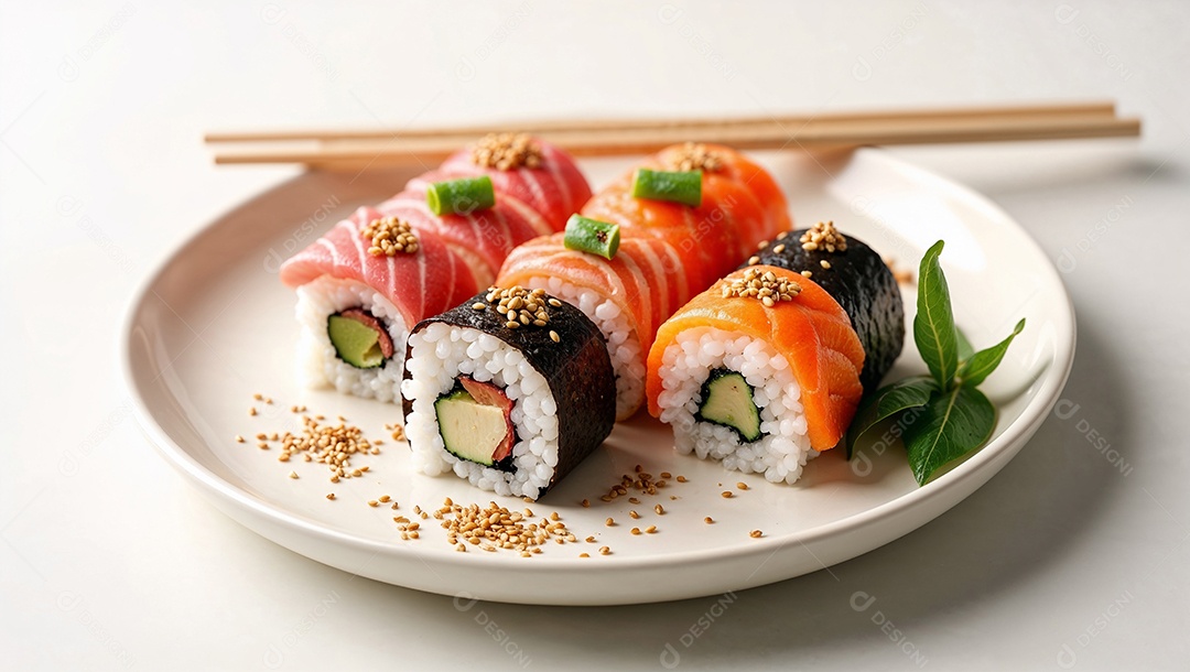 Imagem mostra diferentes tipos de sushi, um prato tradicional da culinária japonesa