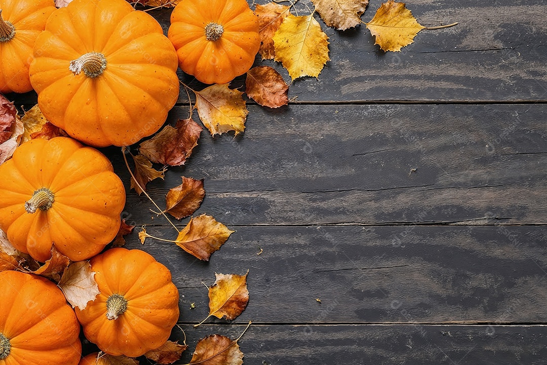 Imagem exibe abóboras e folhas secas sobre uma superfície de madeira
