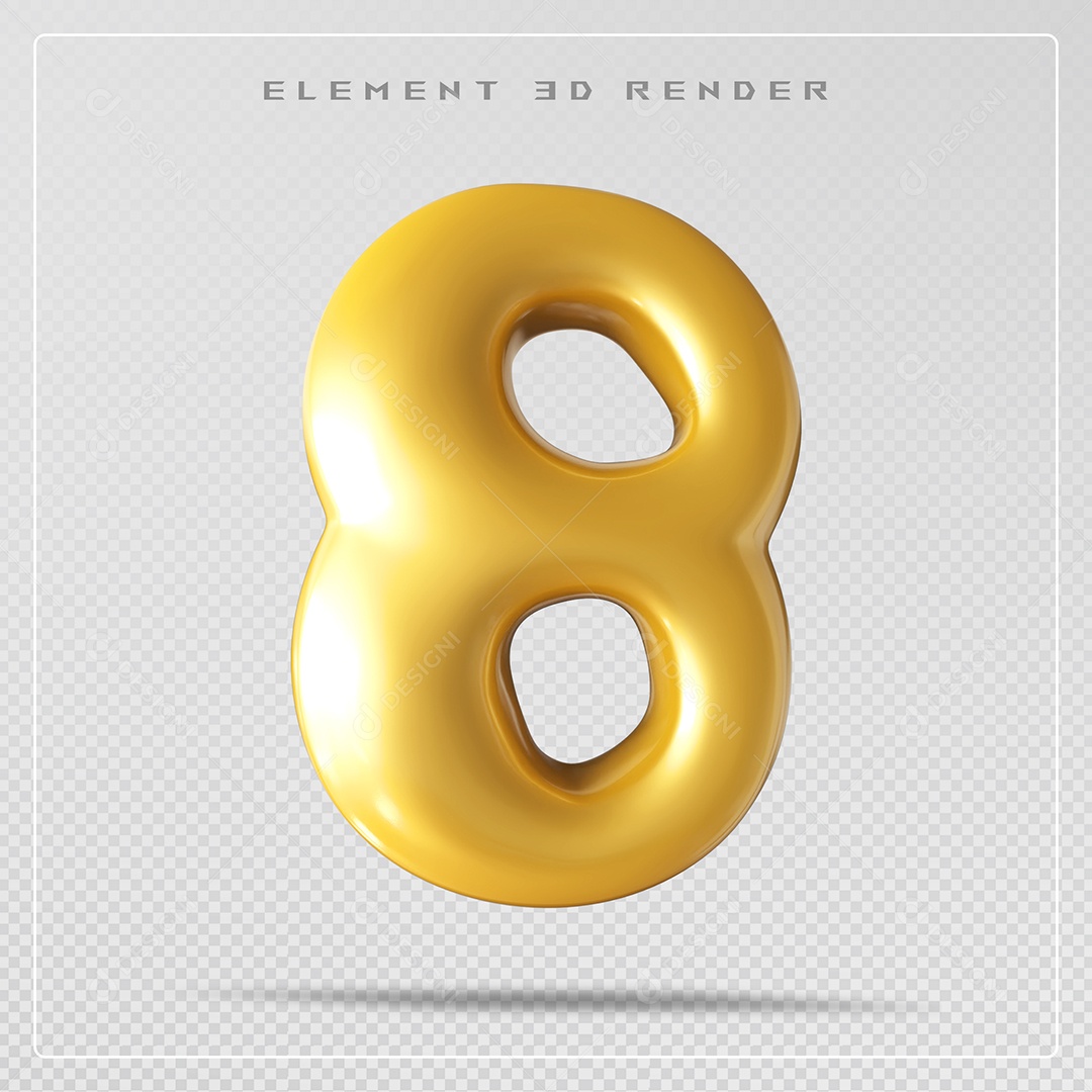 Elemento 3D Número 8 Dourado  para Composição PSD