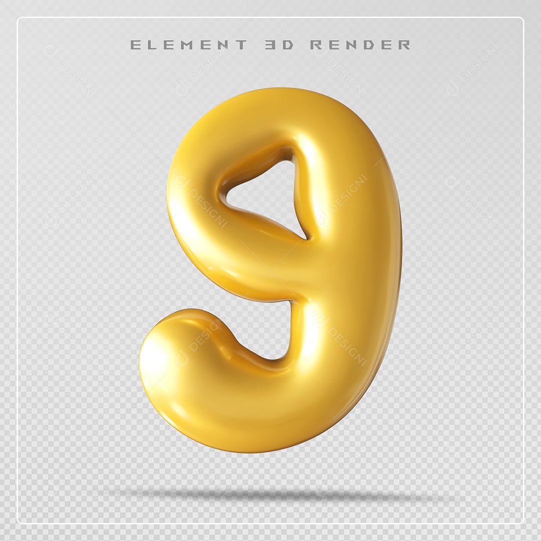 Elemento 3D Número 9 Dourado para Composição PSD