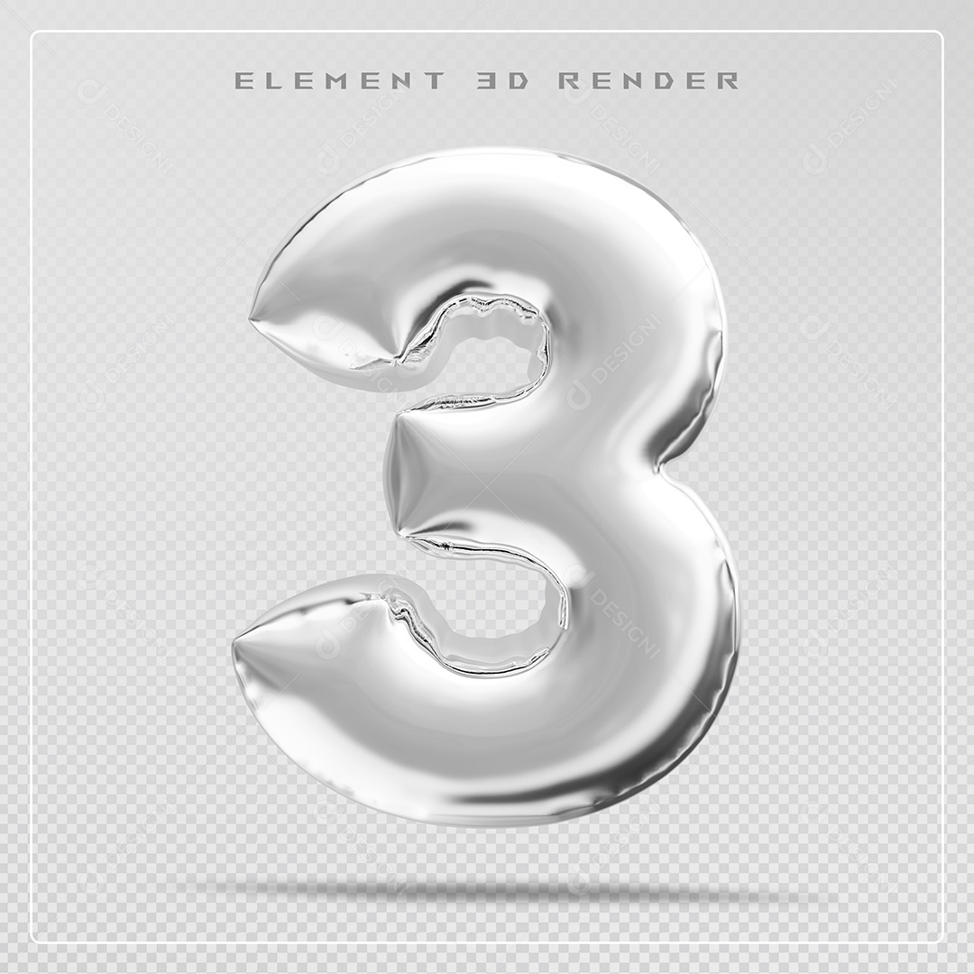 Elemento 3D Número 3 Prata para Composição PSD
