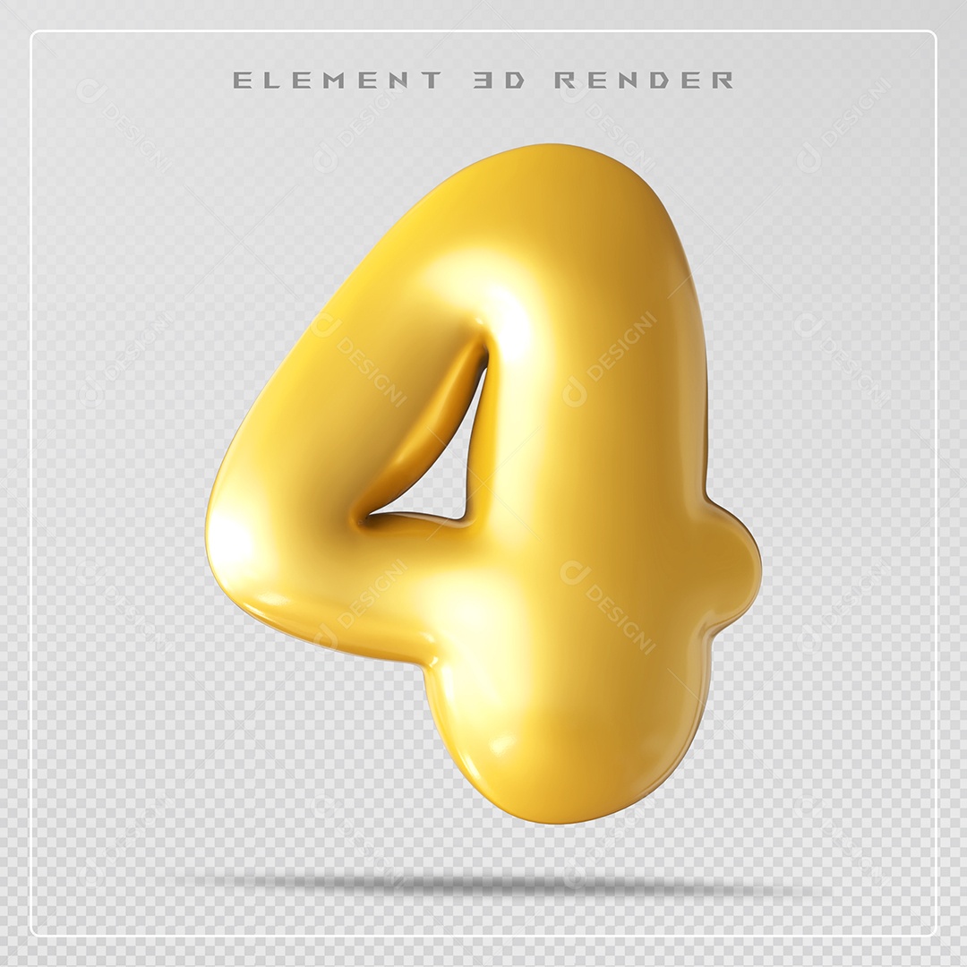 Elemento 3D Número 4 Dourado  para Composição PSD