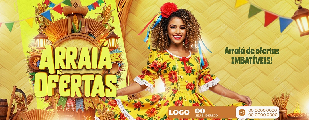 Banner Arraiá de Ofertas Supermercado Social Media PSD Editável