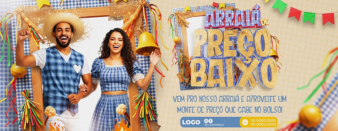 Banner Arraiá de Preços Baixos Supermercado Social Media PSD Editável