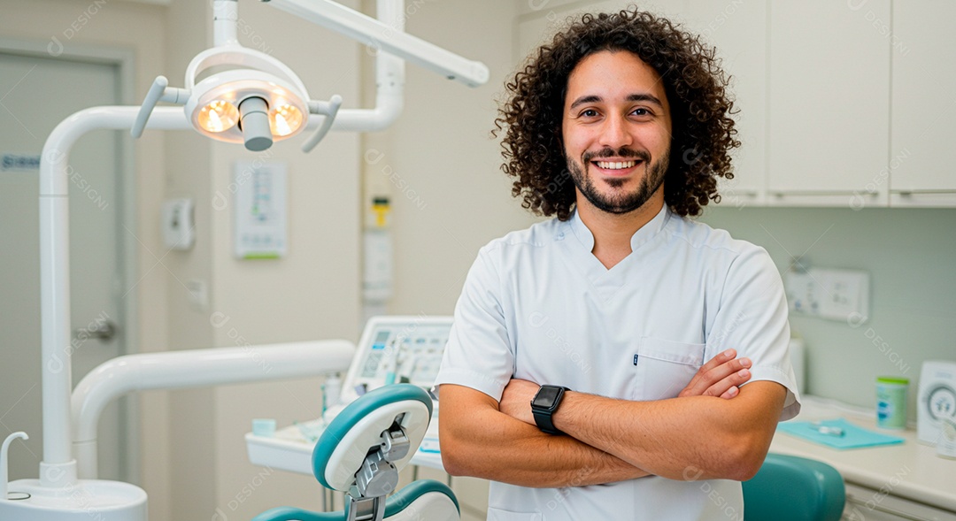 Dentista homem feliz em seu consultório