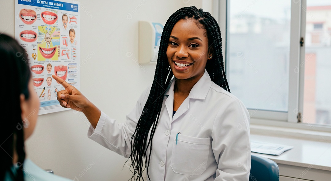 Dentista negro lindo em consultório odontológico mostrando tabela dentária