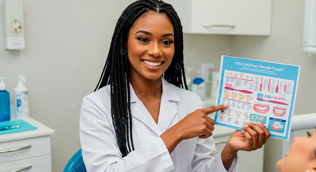 Dentista negra linda mostrando tabela dentária