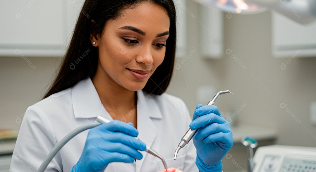Dentista morena linda com instrumentos nas mãso trabalhando