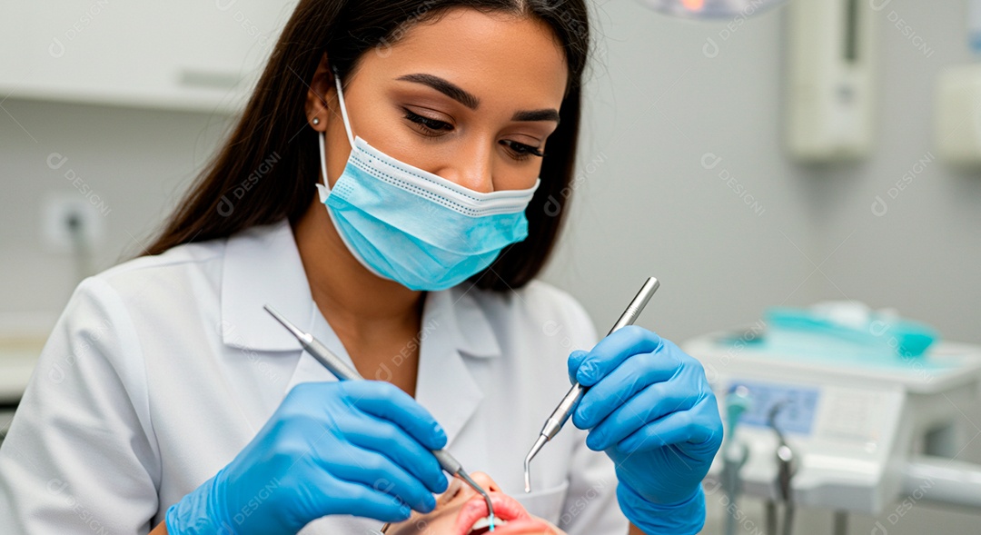 Dentista linda com uma paciente atendendo