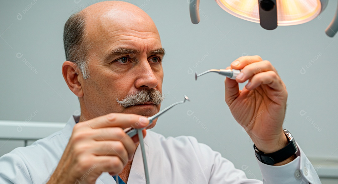 Dentista experiente em seu consultório analisando molde dentário
