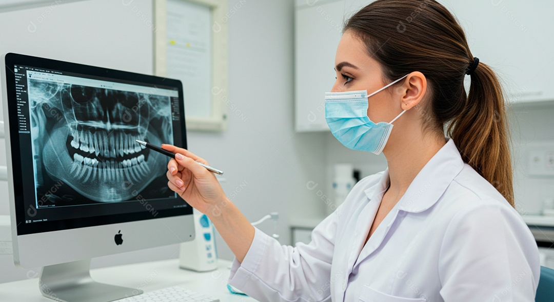 Dentista linda e dedicada olhando raio x dentário