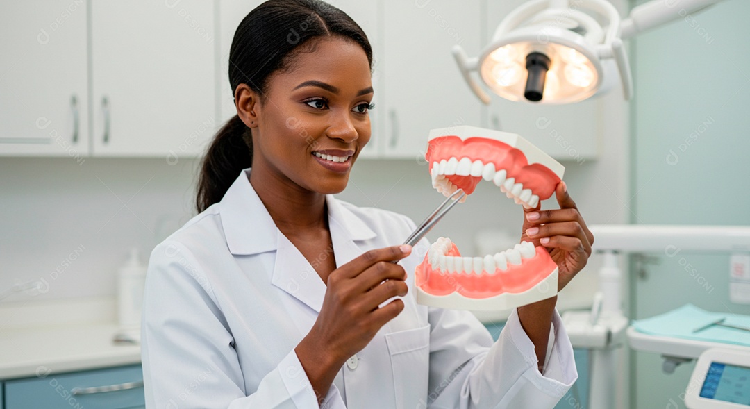 Dentista negra linda mostrando molde gigante de dentadura