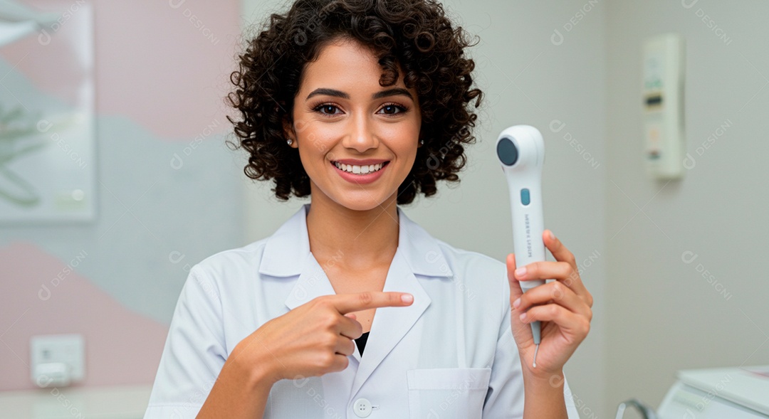 Dentista mulher apontando para um equipamento de odontológico