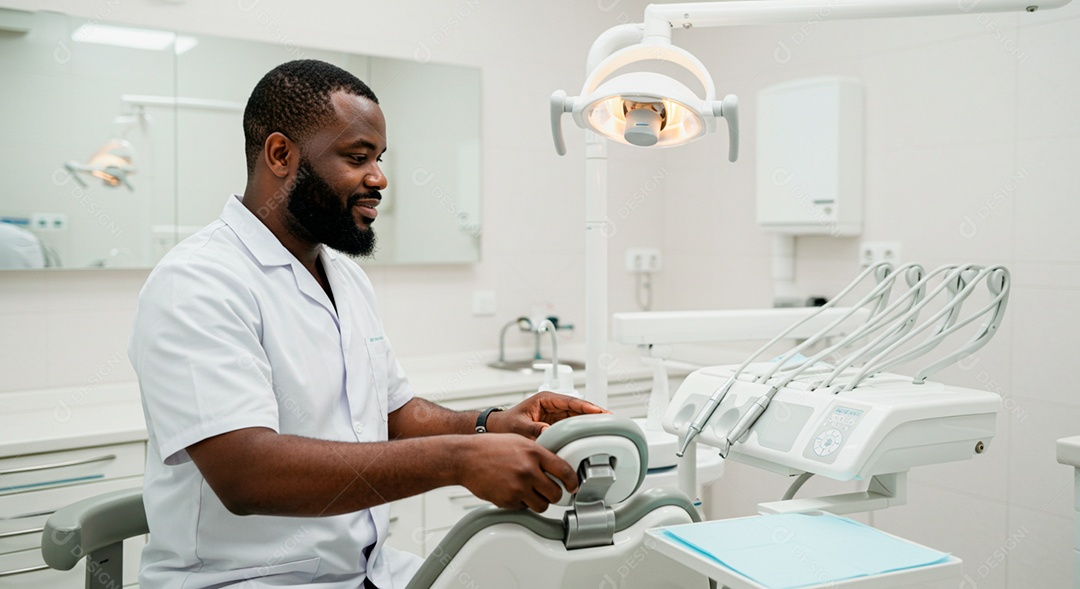 Dentista negro ajeitando cadeira no seu consultório odontológico