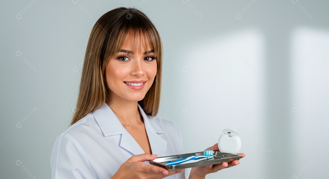 Dentista bonita com bandeja com equipamentos odontológico