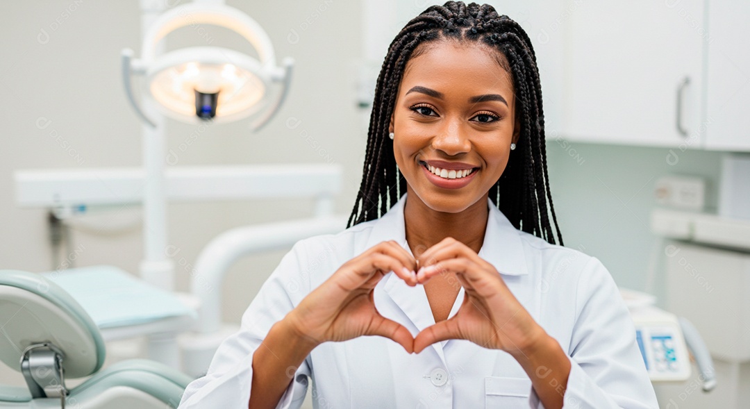 Dentista negra linda com gesto de coração nas mãos