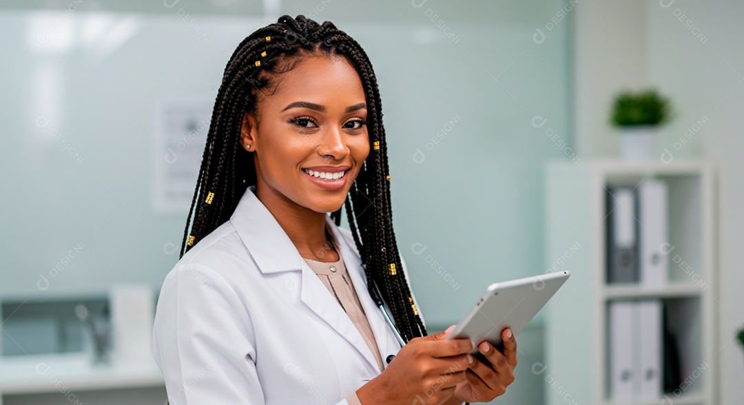 Dentista negra linda com tablet na mão olhando plano dentário