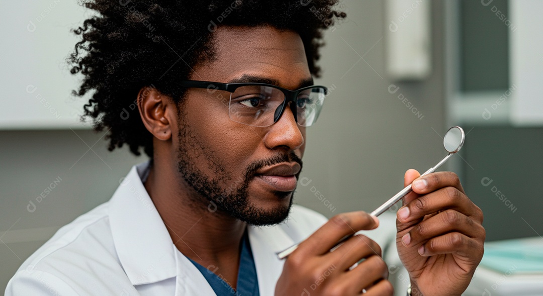 Dentista negro bonito olhando espelho dental