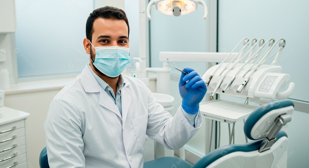 Dentista homem feliz com instrumentos nas mãos