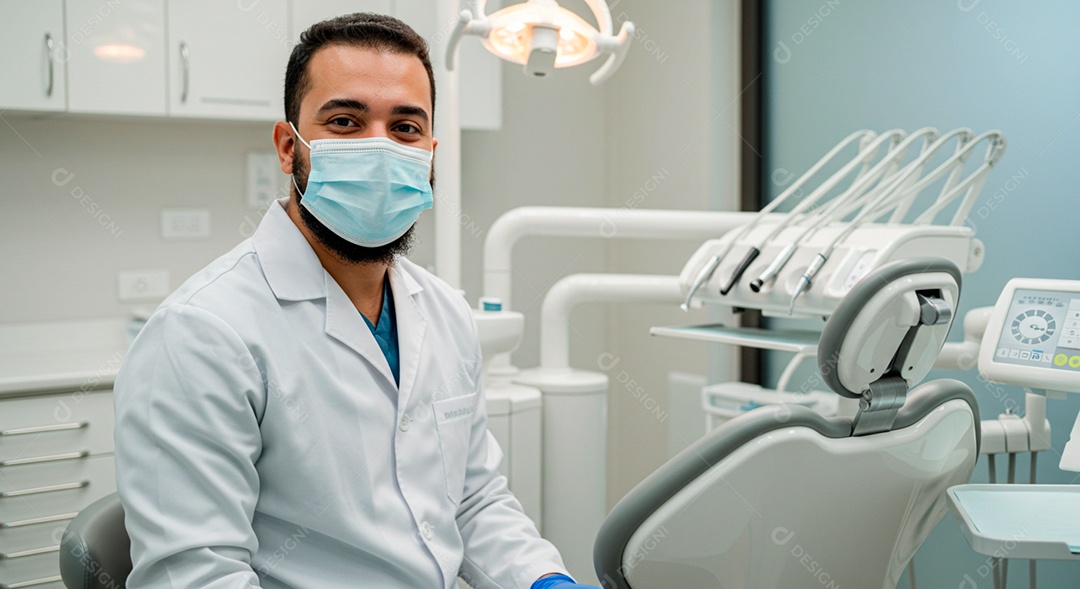 Dentista homem bonito sentado em seu consultório esperando paciente