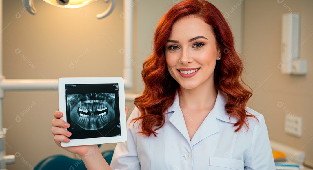 Dentista bonita com raio x nas mãos