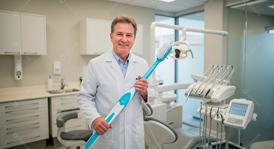 Dentista feliz com moldura de escova gigante