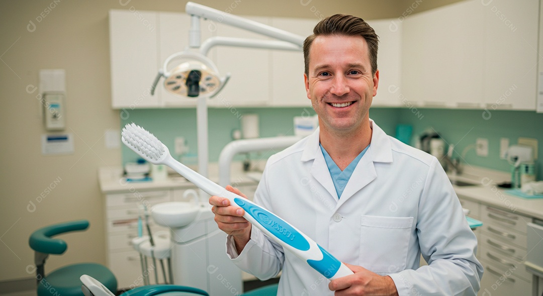 Dentista homem feliz com moldura de escova gigante