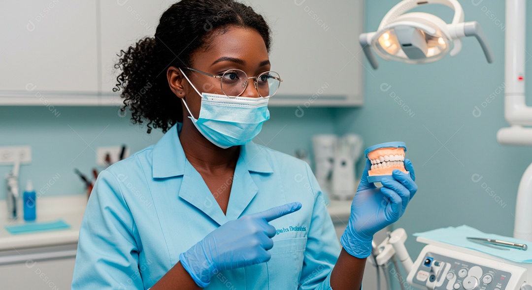 Dentista negra linda cuidado da saúde bucal em seu consutório